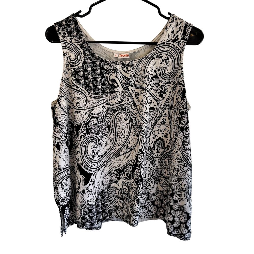 Tianello Womens Large Sleeveless Black White Paisley Tank Top